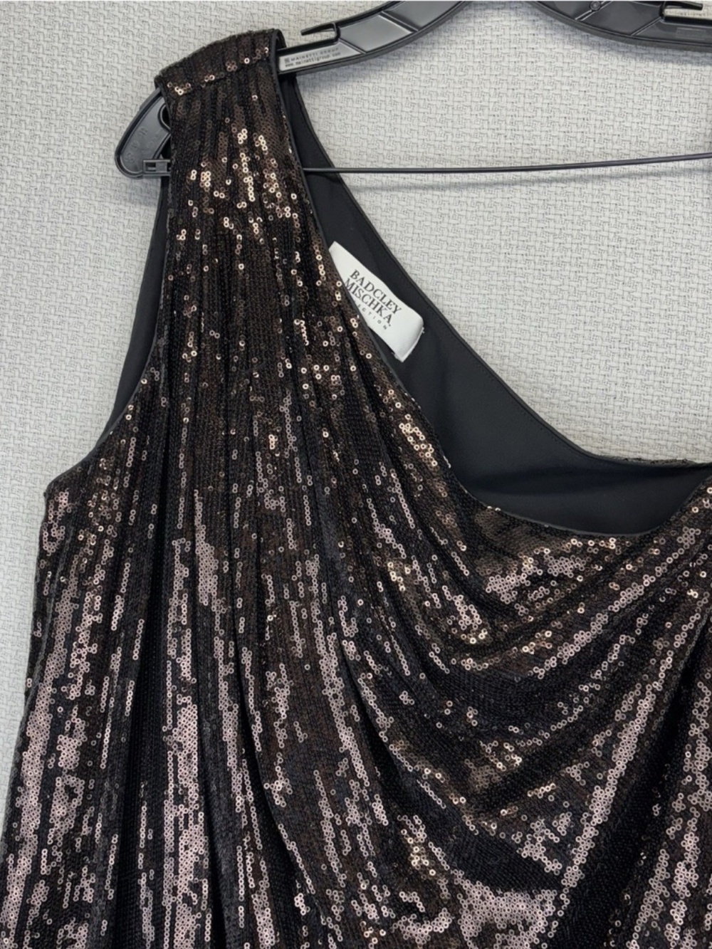 Badgley Mischka One Shoulder Bronze/Brown Sequined Mini Cocktail Party Dress XL - Picture 4 of 10